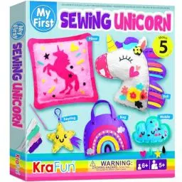 Produktbild: KRAFUN Einhorn-Nähset für Kinder ab 5 Jahren, 5 Anfänger-Bastelprojekte (Plüschpuppe, Kissen, Mobile, Schlüsselring, Tasche), Plüschfilz, Anleitung, Lernspielzeug