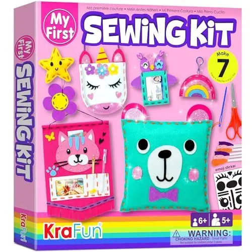 Produktbild: KRAFUN Einhorn Nähset für Kinder ab 5 Jahren, 7 Anfänger-Bastelprojekte mit Puppen, Kissen, Filzmaterialien, Anleitung, Wiederverwendbare Box, Lernspielzeug