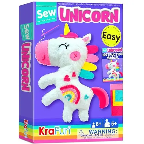 Produktbild: KRAFUN Kinder-Nähset für Anfänger ab 7 Jahren, Einhorn-Stoftpuppe, Plüschfilz, Anleitung, Wiederverwendbare Box, Lernspielzeug zum Nähen und Sticken
