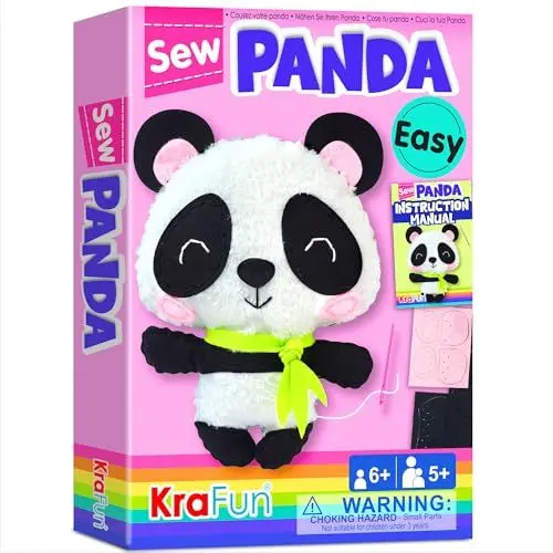Produktbild: KRAFUN Kinder-Nähset für Anfänger ab 7 Jahren, Panda-Stoftpuppe, Plüschfilz, Anleitung, Wiederverwendbare Box, Lernspielzeug zum Nähen und Sticken