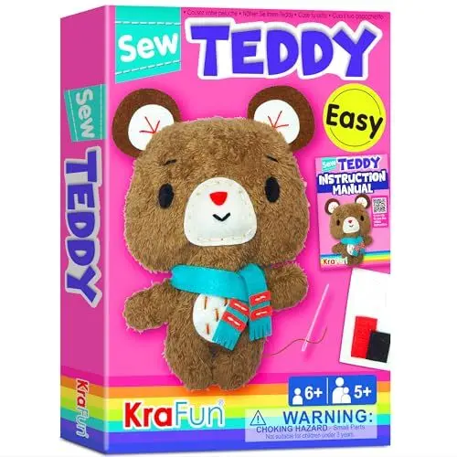 Produktbild: KRAFUN Kinder-Nähset für Anfänger ab 7 Jahren, Teddybär-Stoftpuppe, Plüschfilz, Anleitung, Wiederverwendbare Box, Lernspielzeug zum Nähen und Sticken