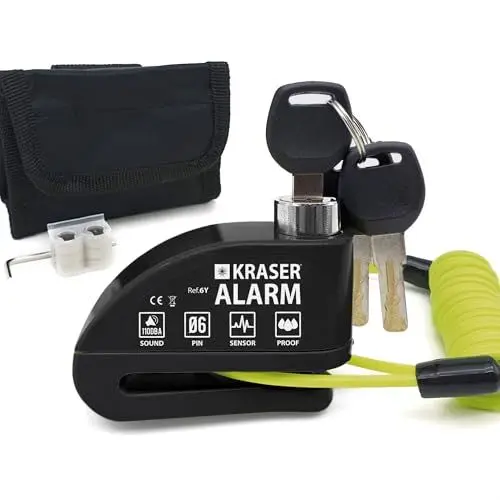 Produktbild: KRASER 6Y Bremsscheibenschloss mit Alarm 110 dB, Verstärkt, 3 Schlüssel (2 Ersatz) Hochsicherheits Motorradschloss, Wasserdicht,1.5m Rückrufkabel, Tasche, Universal Motorrad Schloss, Fahrradschloss