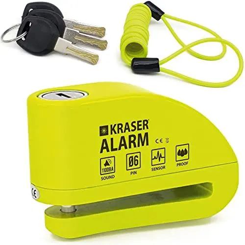 Produktbild: KRASER KR6Y Bremsscheibenschloss mit Alarm 110 dB, Verstärkt, 3 Schlüssel (2 Ersatz) Hochsicherheits Motorradschloss, Wasserdicht,1.5m Rückrufkabel, Tasche, Universal Motorrad Schloss, Fahrradschloss