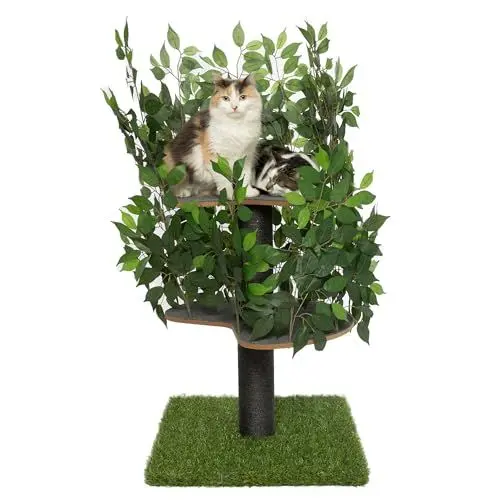 Produktbild: Kratzbaum Natur zum Klettern, Verstecken und Schlafen - groß mit austauschbaren Blättern - einfach zu montieren - haustiersichere Materialien, langlebige und Patentierter robuste Cat Tree - 120cm Grün
