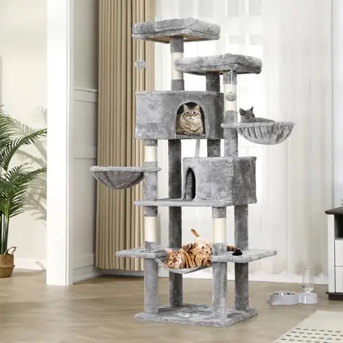 Produktbild: Kratzbaum für Große Katzen 180 cm hoch, Katzenbaum mit 2 Höhlen, 3 Liegemulden, 2 Aussichtsplattformen, Sisal Seil Kratzsäulen, viele Plüschbälle (hellgrau)