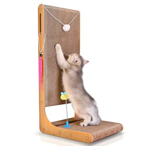 Produktbild: Kratzbrett Katzen, 75cm hohe L förmige Kratzpappe für Katzen, Katze Kratzer Pad für Indoor Katzen, Schutz Möbel Katze Kratzer Pad, Katzenkratzbrett mit Ballspielzeug, Katzenminze, X-Large