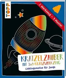Produktbild: Kratzelzauber mit Kratzwerkzeug Jungs: Kratzelmotive mit großen Flächen und Kratzwerkzeug für 3 verschiedene Muster