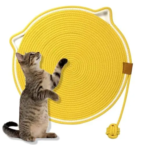 Produktbild: RSHVSMS Kratzunterlage für Katzenböden, Katzenschlafmatte, speziell für Katzen und Hunde, Sommer gewebte Schlafmatte 50x50cm, mit Spielball（gelb）(M-02)