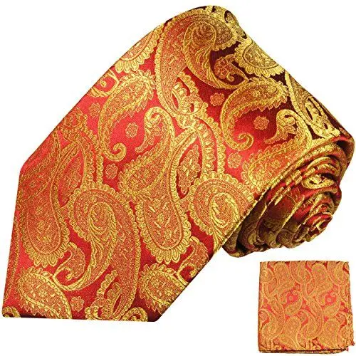 Produktbild: Krawatten Set 2tlg 100% Seide rot gold paisley Hochzeit festliche Hochzeitskrawatte mit Einstecktuch