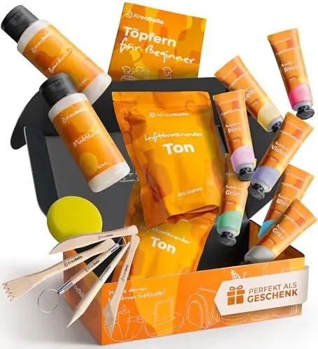 Produktbild: KreaBella Töpferset - DIY töpfern für Zuhause, Lufttrocknender Ton zum basteln, selbsttrocknender Ton, Trockenton-Set zum kreativ Töpfern, Keramik Kreativset, Tonset ohne Brennen, Geschenke Bastelset