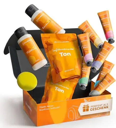 Produktbild: KreaBella Töpferset - DIY töpfern für Zuhause, Lufttrocknender Ton zum basteln, selbsttrocknender Ton, Trockenton-Set zum kreativ Töpfern, Keramik Kreativset, Tonset ohne Brennen, Geschenke Bastelset