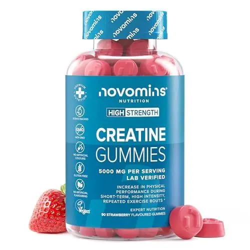 Produktbild: Kreatin Gummibärchen - 5000 mg Creatin Monohydrat pro Portion - Alternative zu Kreatin Monohydrat Kapseln & Kreatin Pulver - Für Körperliche Leistungsfähigkeit & Pre Workout - 90 Gummies - Novomins