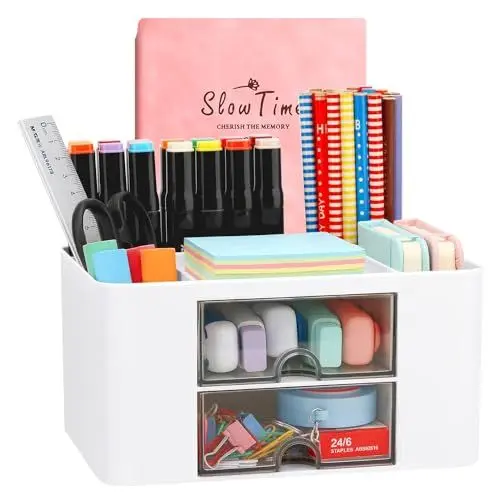 Produktbild: Kreativer & einfacher Schreibtisch Organisator, 6 kariert, Kunststoff Tisch Organisator mit Schublade, multifunktionaler Schreibtisch-Organisator, Stifthalter für Schule, Büro, Zuhause (Weiß)