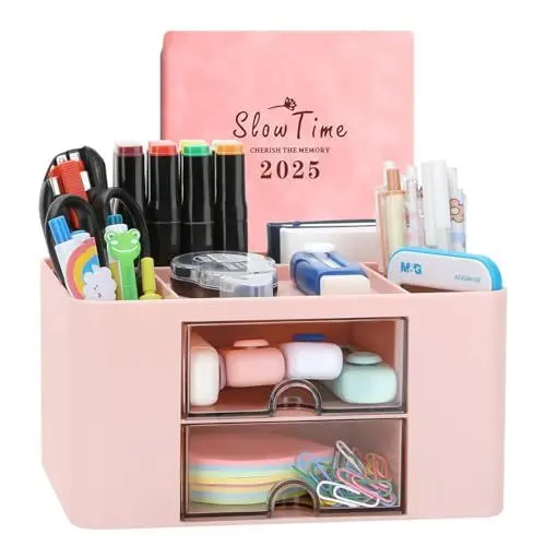 Produktbild: Kreativer & einfacher Schreibtisch Organisator, 6 kariert, Kunststoff Tisch Organisator mit Schublade, multifunktionaler Schreibtisch-Organisator, Stifthalter für Schule, Büro, Zuhause (Rosa)
