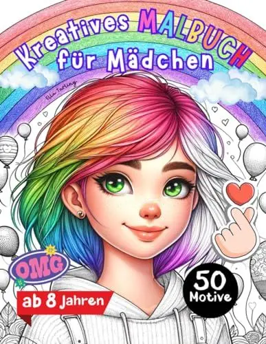 Produktbild: Kreatives Malbuch für Mädchen ab 8 Jahren: Perfekte Geschenk für Mädchen & Teenager: 50 grosse Motive (Pferde, Muster, Regenbogen, Tiere) zum Ausmalen & Entspannen | Malen für Mädchen ab 8 Jahren