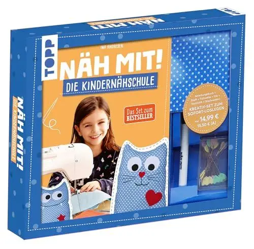 Produktbild: Kreativ-Set: Näh mit! Die Kindernähschule: Buch (48 S., DIN A5, Softcover), Vorlagen, Urkunde Nähmaschinenführerschein, Stoff für ein Modell, Filz, Stecknadeln, Textilstift (Kreativ-Sets)
