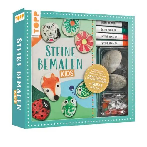 Produktbild: Kreativ-Set: Steine bemalen Kids mit Wackelaugen, Pompons, Anleitungsbuch & Material: Buch (32 S., DIN A5, Softcover), 3 Steine, Marker mit 2 Spitzen in Rot, Blau, Grün, Schwarz, Wackelaugen, Pompons