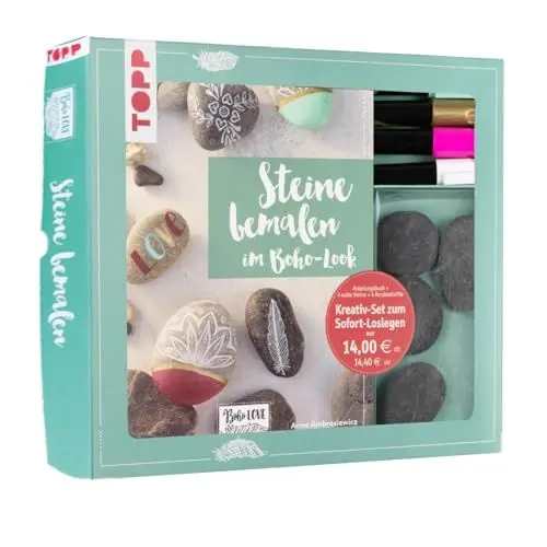 Produktbild: Kreativ-Set Steine bemalen im Boho-Stil: Buch mit einfachen Anleitungen (32 Seiten, 17 x 22 cm, Softcover) sowie 4 Acrylmalstiften und 4 Steinen. Buch plus Material. Box 22,8 x 26,2 x 3,5 cm