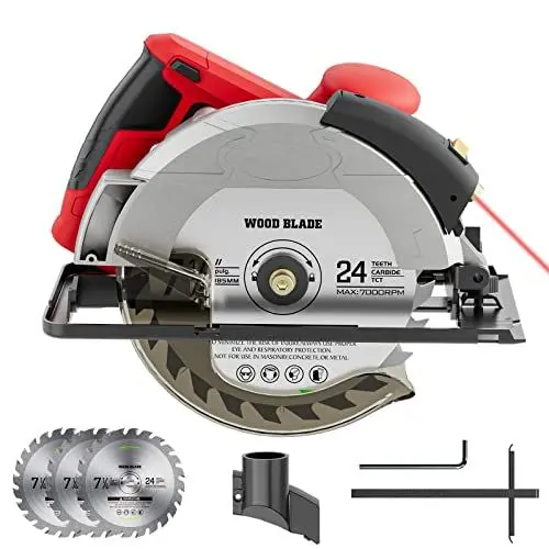 Produktbild: Kreissäge, Handkreissäge 1500W 12A 5500RPM mit Laserführrung, Kupfermotor, 185mm Kreissägeblatt, 3 Sägeblättern (24T/48T), Maximale Schnitttiefe 62 mm (90°), 46 mm (45°), für Holz DIY, Plastik