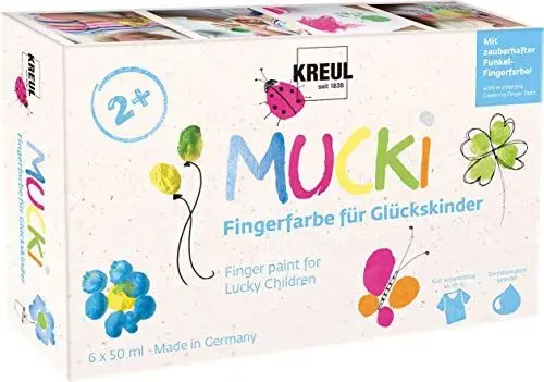 Produktbild: KREUL 23050 - Mucki Fingerfarbe für Glückskinder, 6 x 50 ml in Gelb, Pink, Diamanten-Blau, Grün, Orange, Drachen-Silber, parabenfrei, glutenfrei, laktosefrei, vegan, auswaschbar