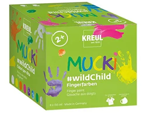Produktbild: KREUL 2305 - Mucki Fingerfarben Premium Set Wild Child, 8 x 150 ml Farbe in Weiß, Gelb, Orange, Pink, Zauber-Lila, Diamanten-Blau, Grün, Drachen-Silber, auf Wasserbasis, für Kinder ab 2 Jahren