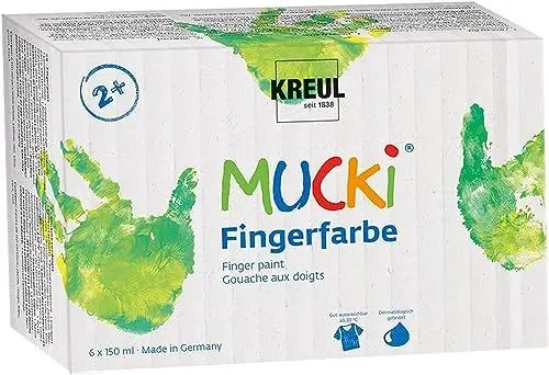 Produktbild: KREUL 2316 - Mucki leuchtkräftige Fingerfarbe, 6 x 150 ml in gelb, rot, blau, grün, weiß und schwarz, parabenfrei, glutenfrei, laktosefrei und vegan, auswaschbar, vermalbar mit Pinsel und Fingern