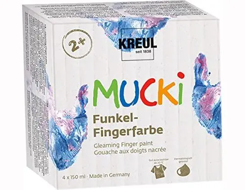 Produktbild: KREUL 2318 - Mucki schimmernde Funkel - Fingerfarbe, 4 x 150 ml in rosa, blau, silber und gold, parabenfrei, glutenfrei, laktosefrei und vegan, auswaschbar, vermalbar mit Pinsel, Schwamm und Fingern