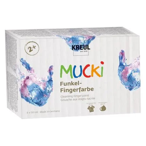 Produktbild: KREUL 2319 - MUCKI Funkel-Fingerfarbe, 6 x 150 ml, auf Wasserbasis, schimmernde Fingermalfarben für Kinder ab 2 Jahren