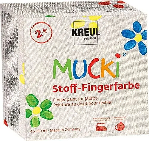 Produktbild: KREUL 28400 - Mucki Stoff-Fingerfarbe, 4 x 150 ml Gelb, Rot, Grün, Blau, leuchtkräftige Farben auf Wasserbasis für Kinder ab 2 Jahren