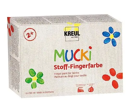 Produktbild: KREUL 28420 - Mucki Stoff-Fingerfarbe, 6 x 150 ml Weiß, Gelb, Rot, Grün, Blau, Violett, leuchtkräftige Farben auf Wasserbasis für Kinder ab 2 Jahren