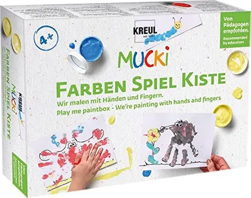 Produktbild: KREUL 29101 - Mucki Fingermalfarbe, Farben Spiel Kiste, Wir malen mit Händen und Fingern, Lern- und Spielset, 5 x 50 ml Fingerfarbe, 2 kleine Dosen, Wackelaugen, Holzstäbchen sowie 10 Malvorlagen