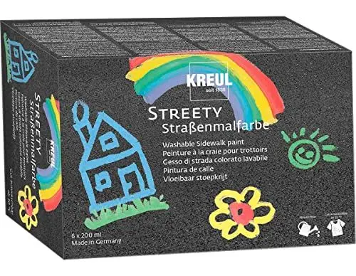 Produktbild: KREUL 43110 - Streety Straßenmalfarbe Set, 6 Farben mit je 200 ml, abwaschbare Flüssigkreide zum Malen mit Pinsel oder Roller, flüssige Straßenmalkreide, vegan, dermatologisch getestet, auswaschbar