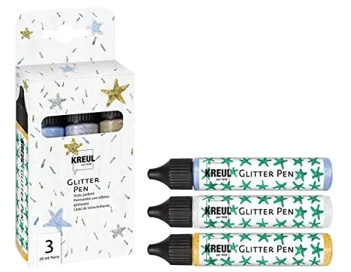 Produktbild: KREUL 49840 - Glitter Pen 3er Set, Glitzer Effektfarben im handlichen 29 ml Pen, zum Verzieren, Beschriften und Dekorieren von vielfältigen Materialien, hergestellt auf Wasserbasis