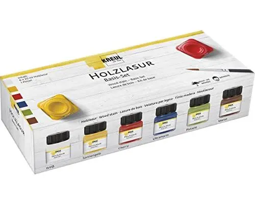 Produktbild: KREUL 78500 - Farbintensive Acryl Holzlasur im Set, 6 x 20 ml Farbe in Weiß, Sonnengelb, Cherry, Ultramarin, Pistazie, Maron und Pinsel für unbehandeltes, natürliches Holz und saugende Naturpapiere