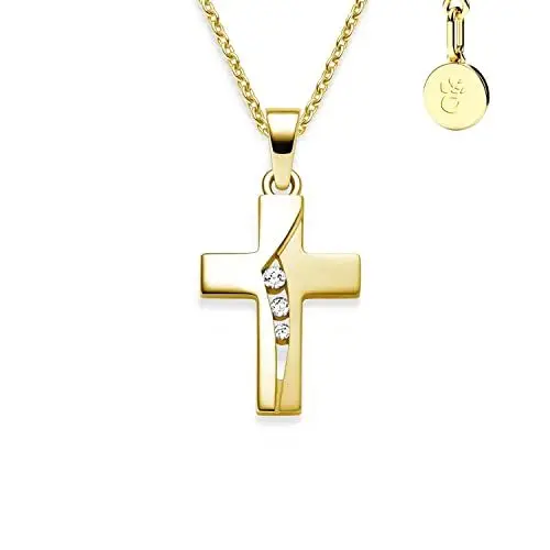Produktbild: Kreuz Kette Mädchen Gelbgold (Silber 925 vergoldet) | Kreuz-Anhänger Halskette mit Zirkonia | Kinder-Schmuck Erst-Kommunion Tauf-Geschenk Konfirmation Firmung Geburt Taufe | Kreuzkette Taufkette