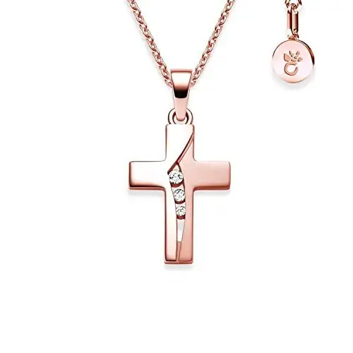 Produktbild: Kreuz Kette Mädchen Rosegold (Silber 925 vergoldet) | Kreuz-Anhänger Halskette mit Zirkonia | Kinder-Schmuck Erst-Kommunion Tauf-Geschenk Konfirmation Firmung Geburt Taufe | Kreuzkette Taufkette