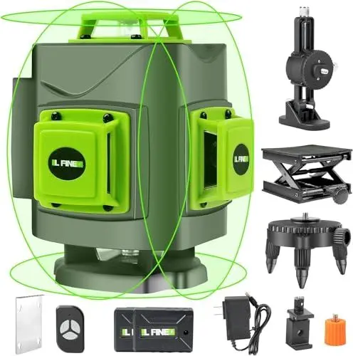 Produktbild: Kreuzlinienlaser Grün 4 x 360°Grad, Grün Laser 16 Linien, linienlaser Kreuzlaser Nivelliergerät Baulaser für Innenbereich Außenbereich Baustelle, 2 * Batterien, Fernbedienung (Schwarz)