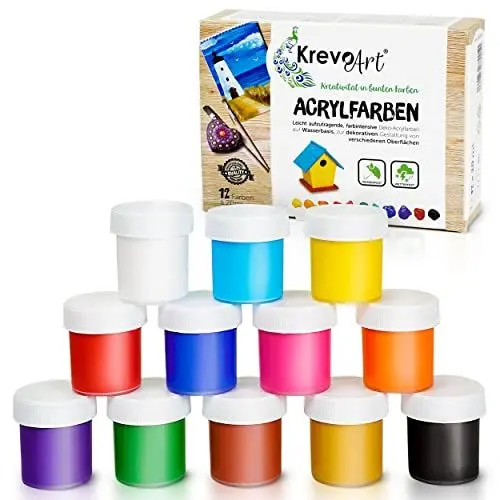 Produktbild: Krevo Art Wasserfeste Acryl-Farben, Acrylic Paint - 12 stark pigmentierte Acrylfarben Set je 20ml, Bastelfarben für Papier, Stein, Holz, Ton, Gips, Leinwand