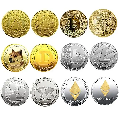 Produktbild: Krisler Bitcoin Coin Collector Geschenkset: Kryptowährung (Bitcoin, Ethereum, Litecoin, Ripple, EOS, Dogecoin), Gold, Silber (6er Pack, 40 mm Durchmesser, 10,8 g Metallgewicht, Sehr Gut bewertet)