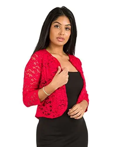 Produktbild: KRISP Damen Festliche Bolerojacke Spitzenjacke Bolero Strickjacke Hochzeit Damenjacke, Rot, 36, 3918-RED-08
