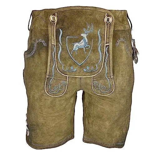 Produktbild: Krist und König Lederhosen - Modell Der Hirsch - braun mit mattblauen Stickereien - feinstes Wildbockleder, samtweich und beständig, Herren - Lederhosen - Trachtenlederhosen - 50