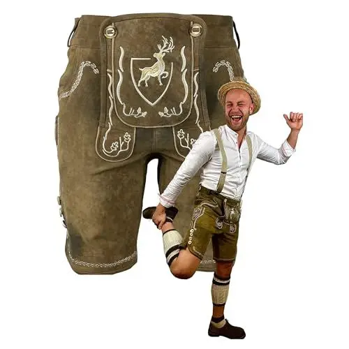 Produktbild: Krist und König Lederhosen - Modell Der Hirsch - braun mit weißen Stickereien - feinstes Wildbockleder, samtweich und beständig, Herren - Trachtenlederhosen - Lederhosen - 48