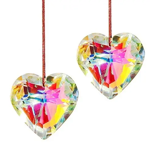 Produktbild: Kristall Sonnenfänger Fenster, 2 Stück Herzform Kristalle Deko Anhänger Glas Bunte Fensterdeko Hängend Prismenkugel Regenbogen Kristallglaskugel Hängende Fenster Ornament