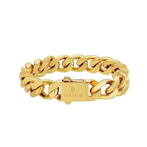 Produktbild: KRKC&CO 12mm Cuban Armband Herren, 18K Gold beschichtet Panzerkette Cuban Link Armband, Kubanische Gliederarmband Cuban Chains, Herren Gold Armband Edelstahl, Hip Hop Armband für Herren Jungen 20cm