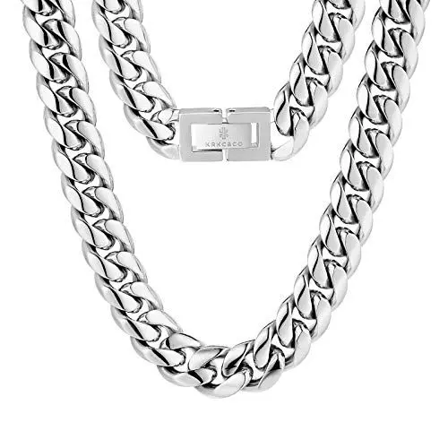 Produktbild: KRKC&CO 12mm Panzerkette Weißgold beschichtet Cuban Link Chain Edelstahl Panzerkette Herren Silber Miami kubanische Gliederkette Herren Silber Kette Hip Hop Halskette für Männer Jungen Größe 56cm