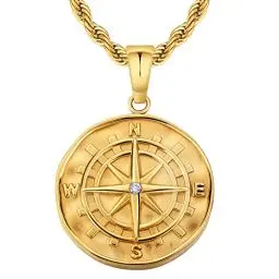 Produktbild: KRKC&CO Kompass Kette Herren Münze Anhänger Goldkette, 2,5mm 55,9cm Kordelkette Kettenanhänger Windrose Gold, 18K vergoldet Edelstahl Halskette Medaillon, Geburtstag Geschenk für Männer Jungen Freund