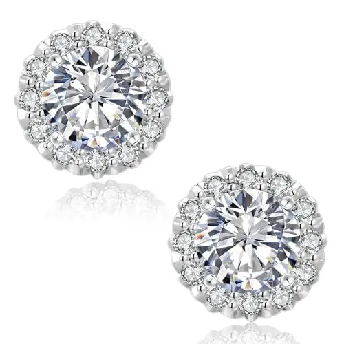 Produktbild: KRKC&CO Moissanite Ohrringe Damen S925 Silber, Blume Ohrsteckers Halo, 1,0 Karat echter runde Moissanit Diamant, VVS1 Reinheit D Farbe, Weißgold vergoldet allergiefrei, Halo