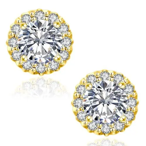 Produktbild: KRKC&CO Moissanite Ohrringe Damen Silber 925, Blume Gold Ohrsteckers Halo, 1,0 Karat echter runde Moissanit Diamant, VVS1 Reinheit D Farbe, 14K Gold vergoldet allergiefrei, Halo