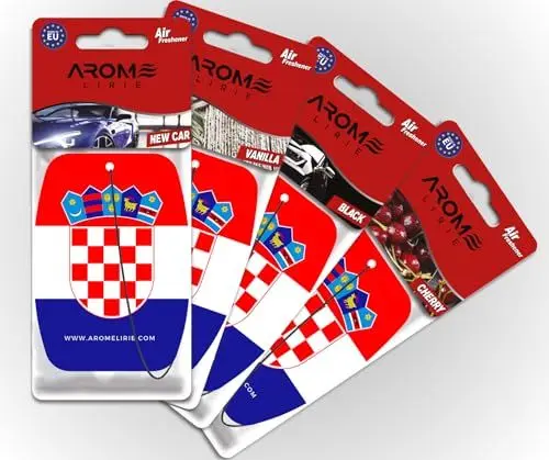 Produktbild: Kroatischer Duftbaum Autoparfüm Flagge Croatia Kroatien Lufterfrischer 4-er Pack in 4 Düften New Car, Black, Vanilla, Cherry