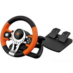Produktbild: KROM K-Driver Multiplattform-Lenkrad und Pedalen-Set, Schalthebel und Schaltwippen am Lenkrad, Vibrationseffekt, kompatibel mit PC, PS3, PS4 und Xbox, Schwarz/Orange